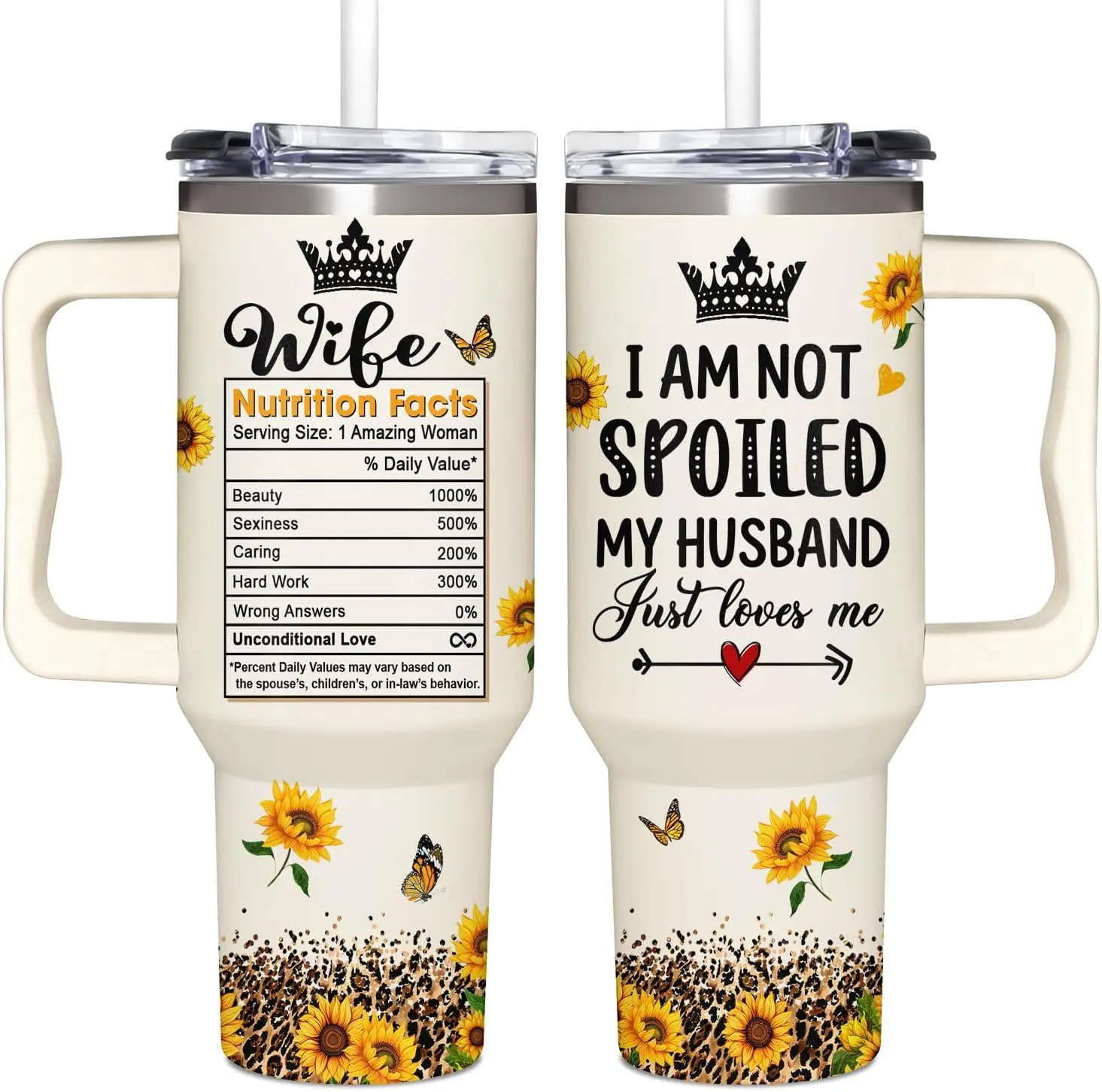 Spoiled Wife Tumbler 40oz, Funny Anniversary Birthday Gift for Wife from Husband, Sunflower Leopard Insulated Cup with Straw
