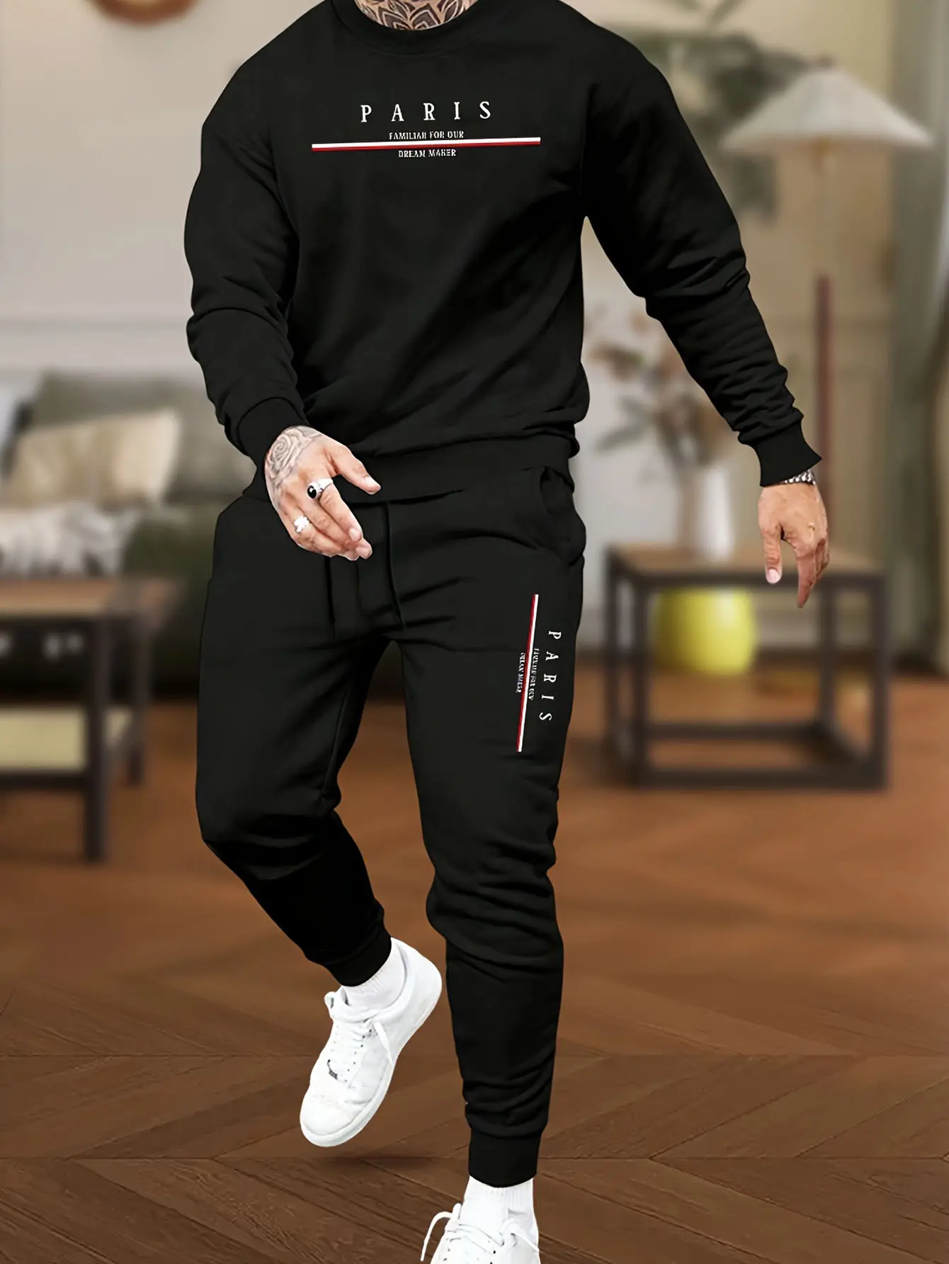 Men's PARIS printed crew neck sweater set, spring and autumn black casual top + leggings two-piece set, trendy sports suit