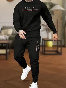 Men's PARIS printed crew neck sweater set, spring and autumn black casual top + leggings two-piece set, trendy sports suit