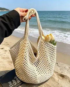 Women's Woven Cotton Yarn Handbag - Handwoven Tote, Stylish Shoulder Net Bag for Seaside Travel (Sports & Outdoor Accessory)