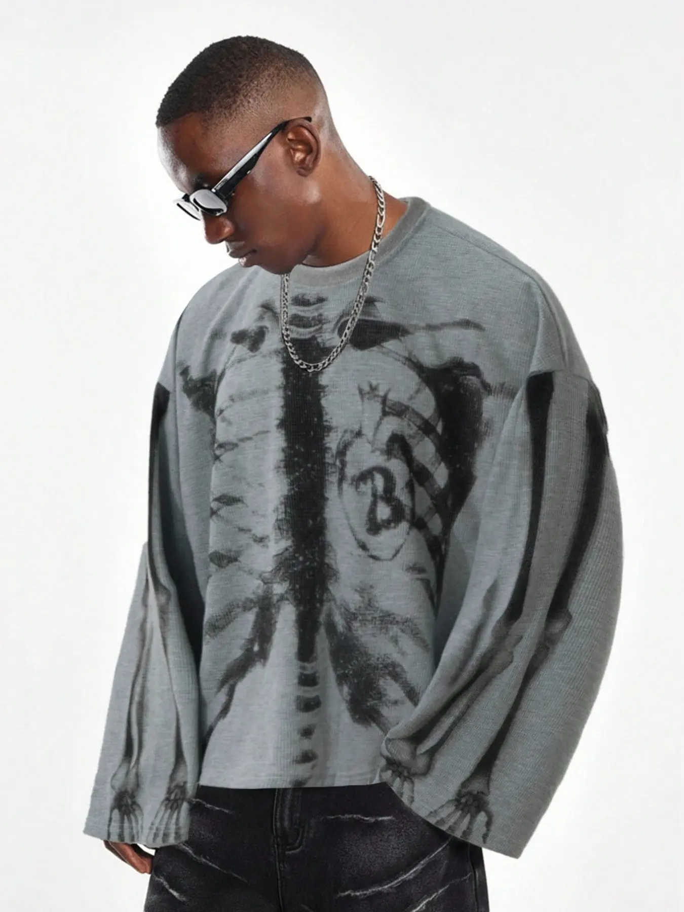 Men's Loose Waffle Graphic Print Long Sleeve T-Shirt, Soft Texture