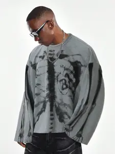 Men's Loose Waffle Graphic Print Long Sleeve T-Shirt, Soft Texture Oversized Street Style Streetwear, Casual Streetwear Top, Y2K Cool Fashion for Casual Daily Wear, Menswear