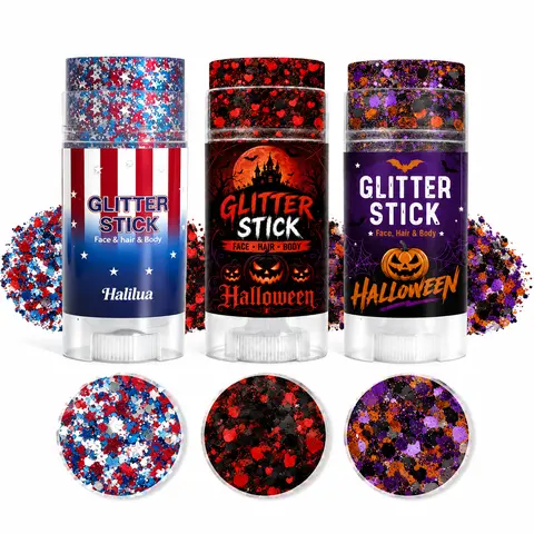 3-Pack Glitter Stick Set – 2 Same Halloween Glitter Sticks + 1 Patriotic Glitter Stick, Face, Hair & Body Glitter Makeup for Halloween, 4th of July, Game Day, Cheer & Parties