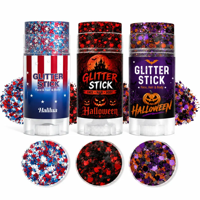 3-Pack Glitter Stick Set – 2 Same Halloween Glitter Sticks + 1 Patriotic Glitter Stick, Face, Hair & Body Glitter Makeup for Halloween, 4th of July, Game Day, Cheer & Parties