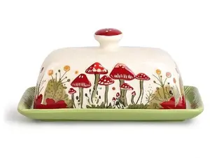Fungi Fun Mushroom Butter Dish With Lid – Cute Cottagecore Ceramic Storage Container, Vintage French Covered Tray, Boho Farmhouse Kitchen Decor Gift, Unique Countertop Holder