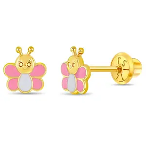14k Gold Busy Bee Baby / Toddler / Kids Earrings Safety Screw Back Enamel