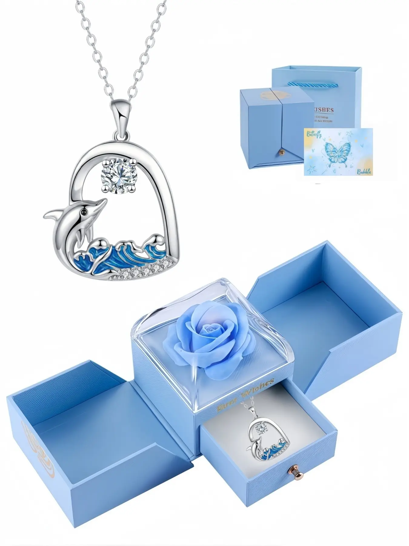Dolphin Guardian Lucky Necklace Stylish dolphin gemstone clavicle chain, non-tarnish and elegant Dainty Pendant.With a surprise double-door preserved rose jewelry gift box.Ideal gift for birthdays, Mother's Day, Valentine's Day and festivals.
