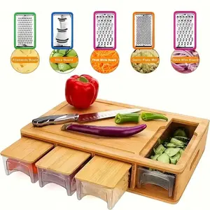 Bamboo Cutting Board with Storage Containers - Chopping Board with Juice Groove, Food Drop Zone & Drawer Boxes for Meat, Cheese & Vegetables