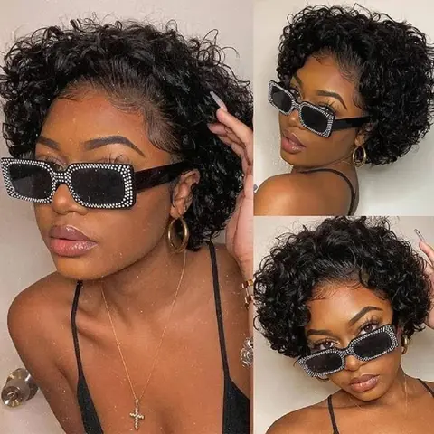 idoli hair Female 8-Inch Short Curly Pixie Cut Human Hair HD Lace Front Wig, 13x1 Lace Part, 180% High Density, Natural Black & 8-Inch Ginger Options, Curly Look