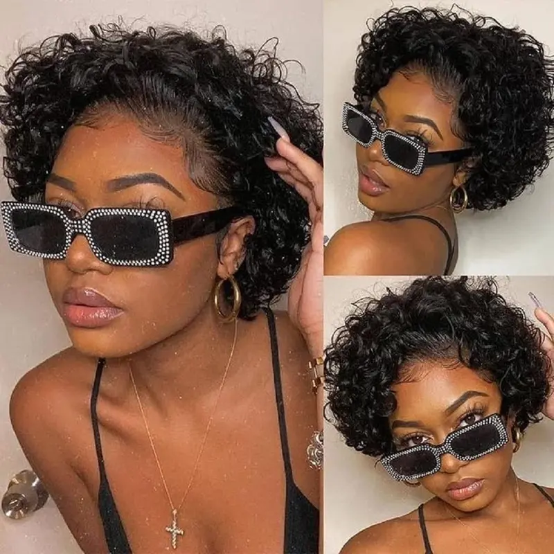 idoli hair Female 8-Inch Short Curly Pixie Cut Human Hair HD Lace Front Wig, 13x1 Lace Part, 180% High Density, Natural Black & 8-Inch Ginger Options, Curly Look