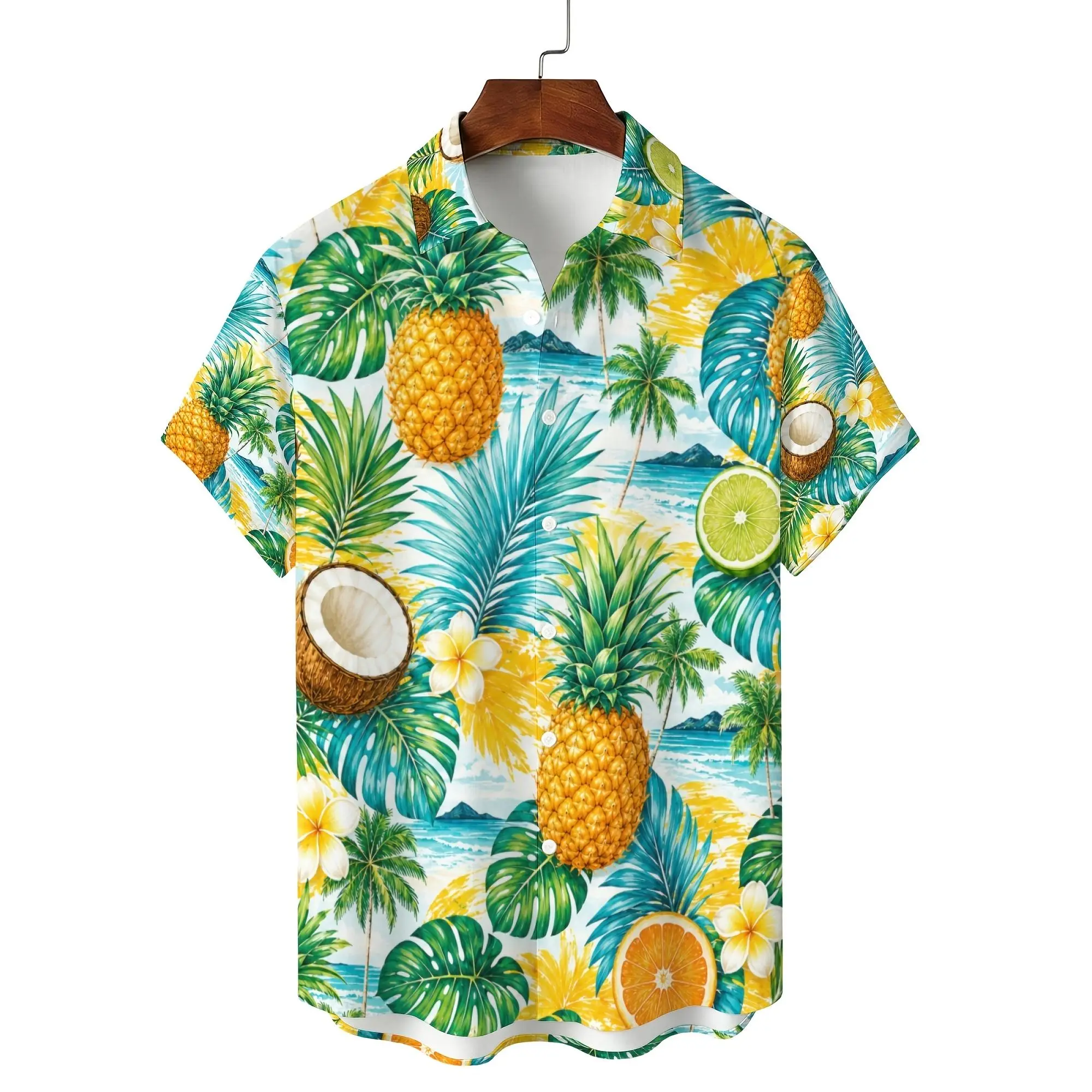 Juicy Tropical Fruit Hawaiian Shirt | Pineapple Coconut Lime Palm Leaf Ocean Print Summer Pool Party Casual Mens Shirt