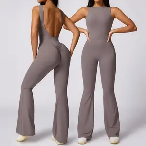 Women’s Flared Leg Jumpsuit – Tummy Control, Backless, One-Piece Workout Outfit, Sleeveless Yoga Bodysuit