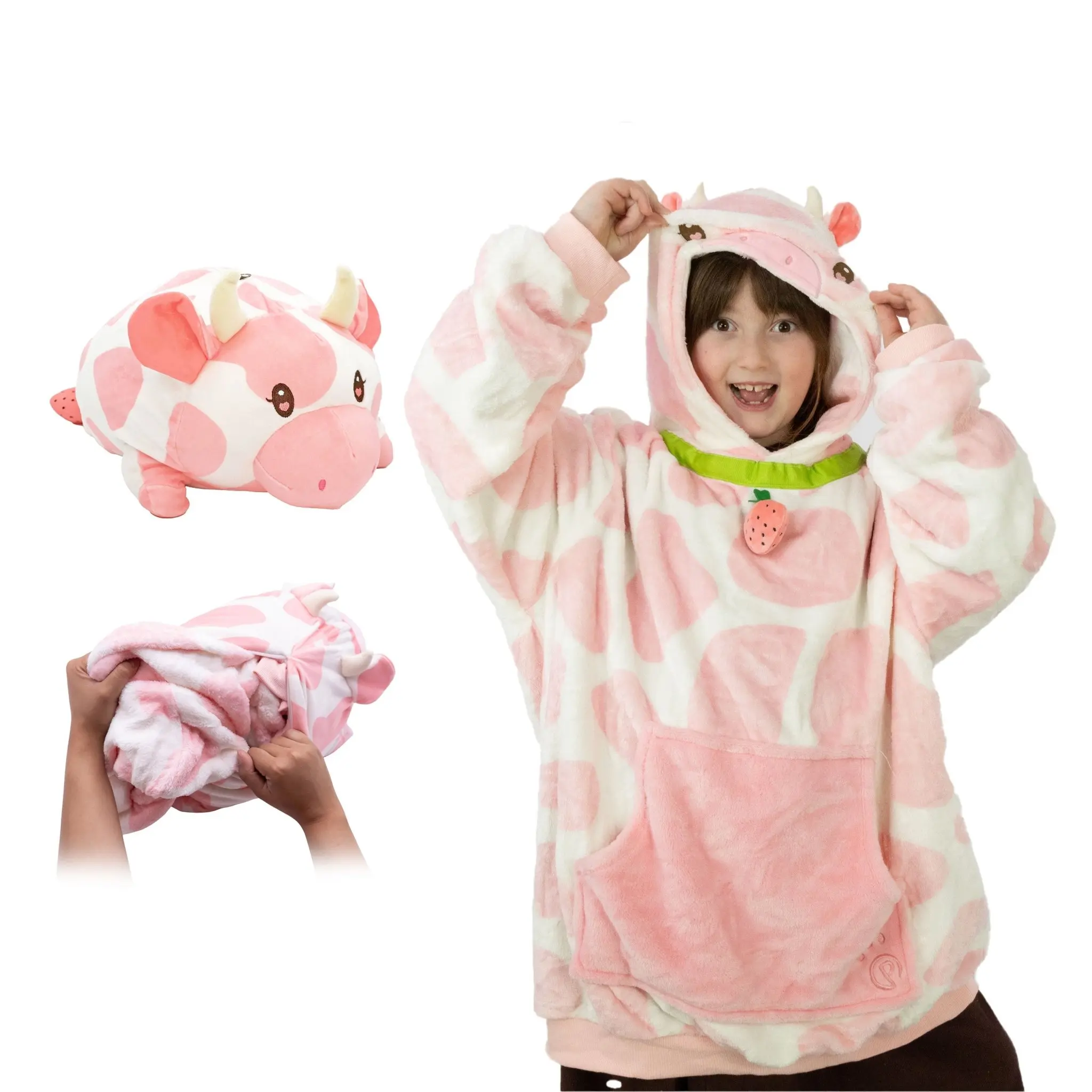 Strawberry Cow Kids Snugible | Blanket Hoodie & Plushie