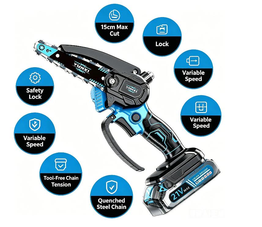 Yunxi 6-Inch Mini Cordless Chainsaw, 21V Max Rechargeable Lithium Battery Handheld Electric Saw with Safety Lock, Portable Lightweight 1-Hand Tool for Garden Yd Wood Cutting, Tree Branch Trimming