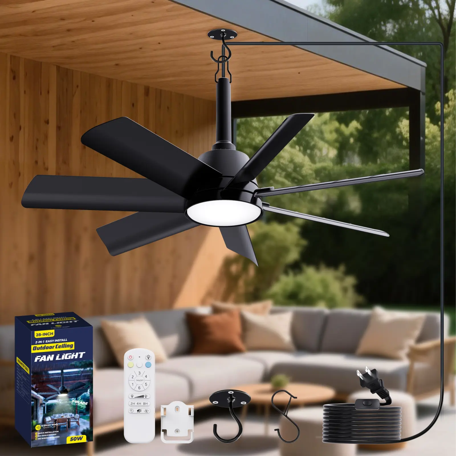 LANMEL 28 Inch Plug-In Outdoor Ceiling Fan with Light and Remote, Waterproof Hook Hanging Fan Light, 6 Speed Reversible, 3000K-6000K Dimmable LED, Portable Fan for Patio, Porch, Camping & RV, Dual Black & White Blades