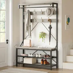 Garvee Industrial Hall Tree with Bench and Shoe Storage – Entryway Coat Rack with Hooks, Hanging Bar & Shelf, Wood Look Mudroom Bench for Closet or Hallway, Gray
