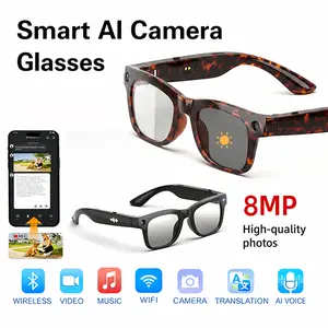 HUGUR Smart Camera Glasses with 8MP Photochromic Lenses Button Touch Control Hands Free Photo Video Recording 160+ Languages Real Time Translation Bluetooth Open Ear Audio Magnetic Charging UV400 Protection For Travel Outdoor Driving Gift