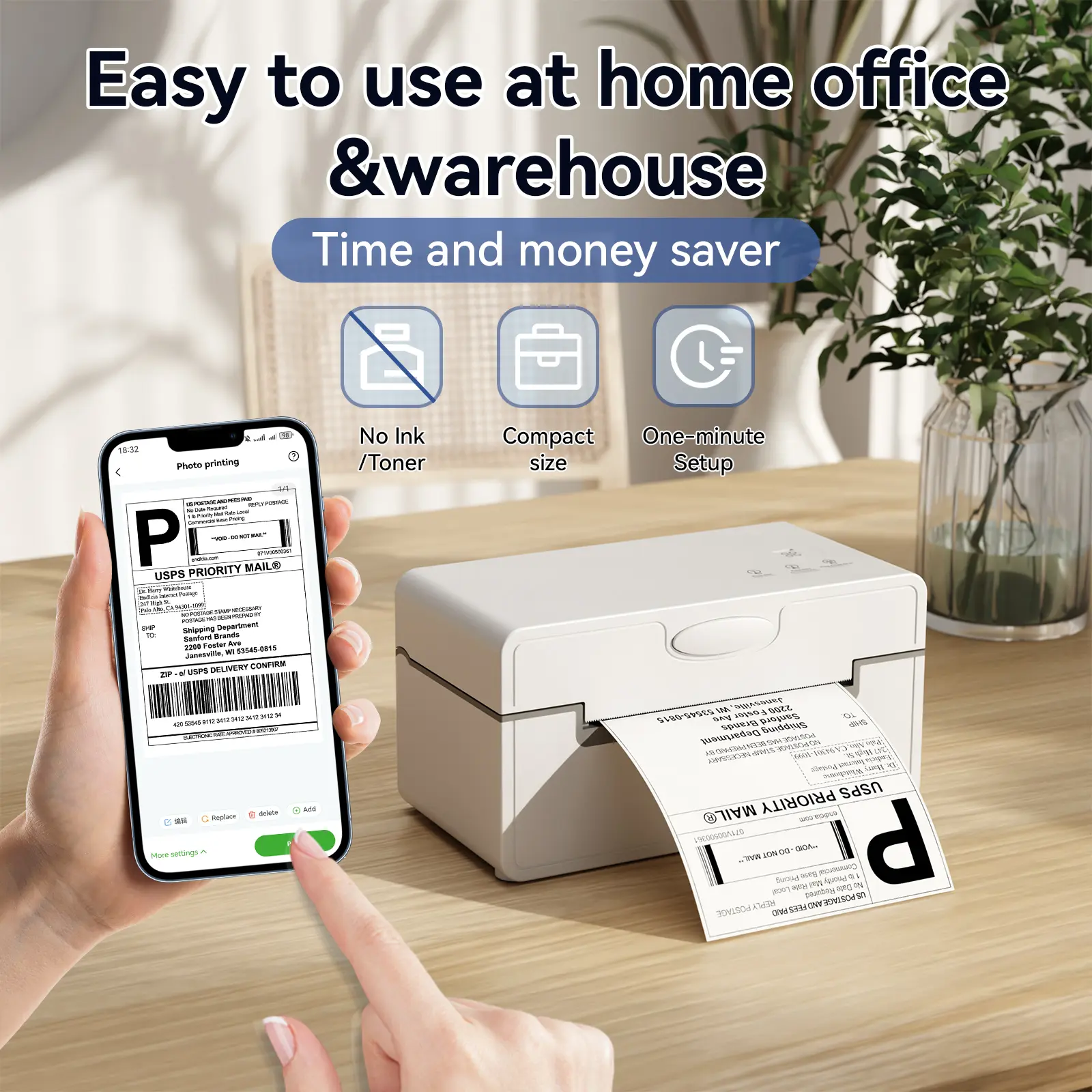 Peripage PB41 Compact Inkless Label Printer, Bluetooth Wireless Thermal 4x6 Waybill Printer for Small Businesses, Ink-Free Print Compatible with iOS, Android, Windows & Mac