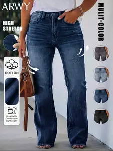 Women's Casual Fitted Dark Wash Denim Jeans, Pocket, Button, High Waist Wide Leg Design, Comfortable & Stylish Daily Wear, Perfect for Travel & Outdoors