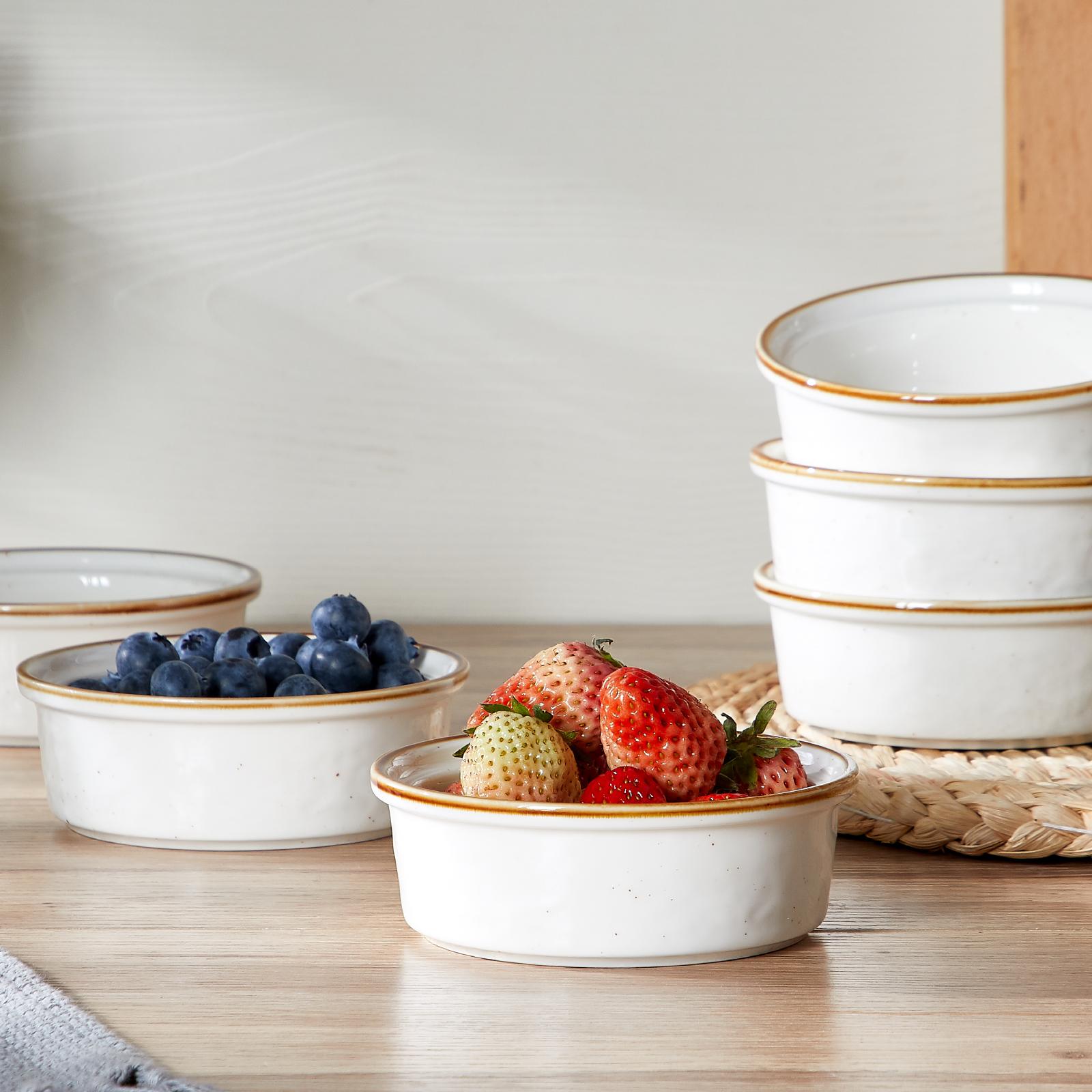 4.5" 6.8 Oz White Ceramic Ramekins With Gold Trim, Set Of 6 Oven Safe Shallow Souffle BowlsFor Desserts, Dips & Creme Brulee, Oven Safe Souffle Dishes For Creme Brulee Souffle PuddingLava Cake Stoneware Custard Cups For Baking Ceramic Sauce Bowls