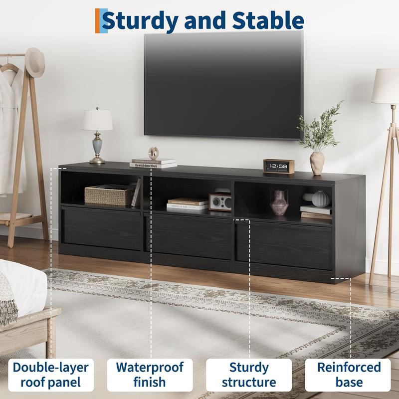 70" TV Stand for TVs up to 85" - Mid Century Modern Entertainment Center with Storage Drawer & Open Shelves, for Living Room & Bedroom, Black