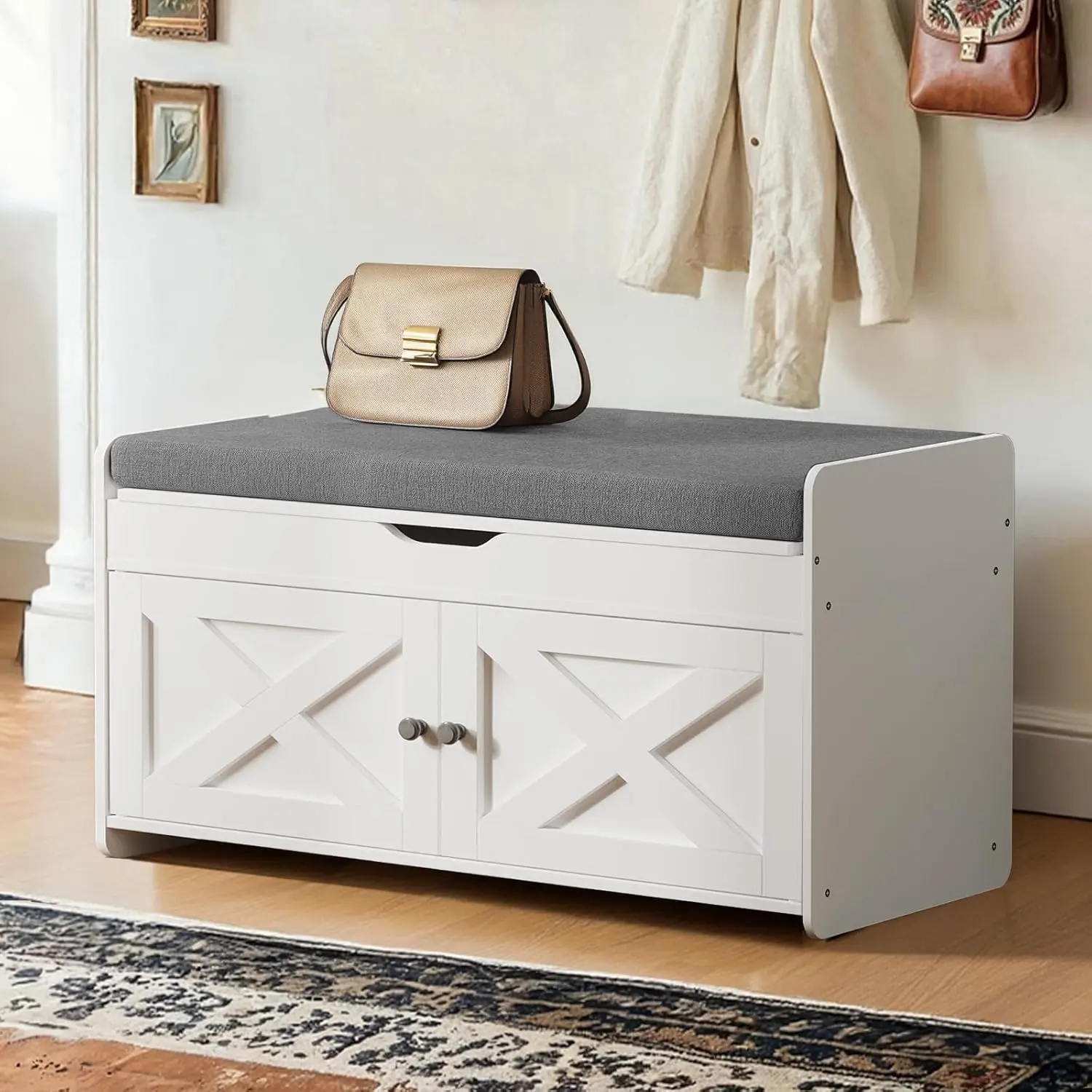 Amada Shoe Storage Bench, 31.5" Small Entryway Bench with Cushioned Seat & Lift Top Storage, 2 Door, Adjustable Shelf, 300 lbs Capacity, Bench with Shoe Rack for Entryway, Bedroom, Living Room, White