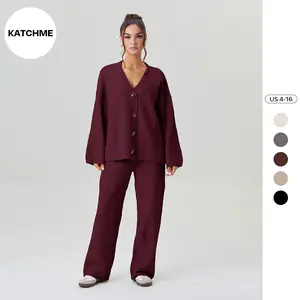 KatchMe Women's Slouchy Solid Color V-Neck Button-Up Long Sleeve Cardigan & Stretch Loose Trousers Co-ord, Minimalist Two Piece Outfits, Cozy Womenswear（CN）
