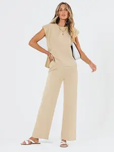 Women's Casual Everyday Home Set, Fashionable Plain Color Round Neck Top & Straight Leg Pants, Perfect for New Year Valentine's Day