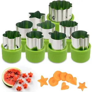 Fruit and Vegetable Cutter Stamp Set of 9 Pieces-Love Heart, Star, Flower, Rabbit, Bear, Strawberry, Lace, Mushroom Shapes - Green Mini Pie Cookie Biscuit Mold for Baking