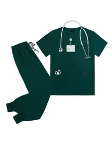 Men’s Multi-Color Care Scrub Set 2-Piece Doctor Pharmacy Uniform Pocket Top Pants Hospital Beauty Workwear Brooch