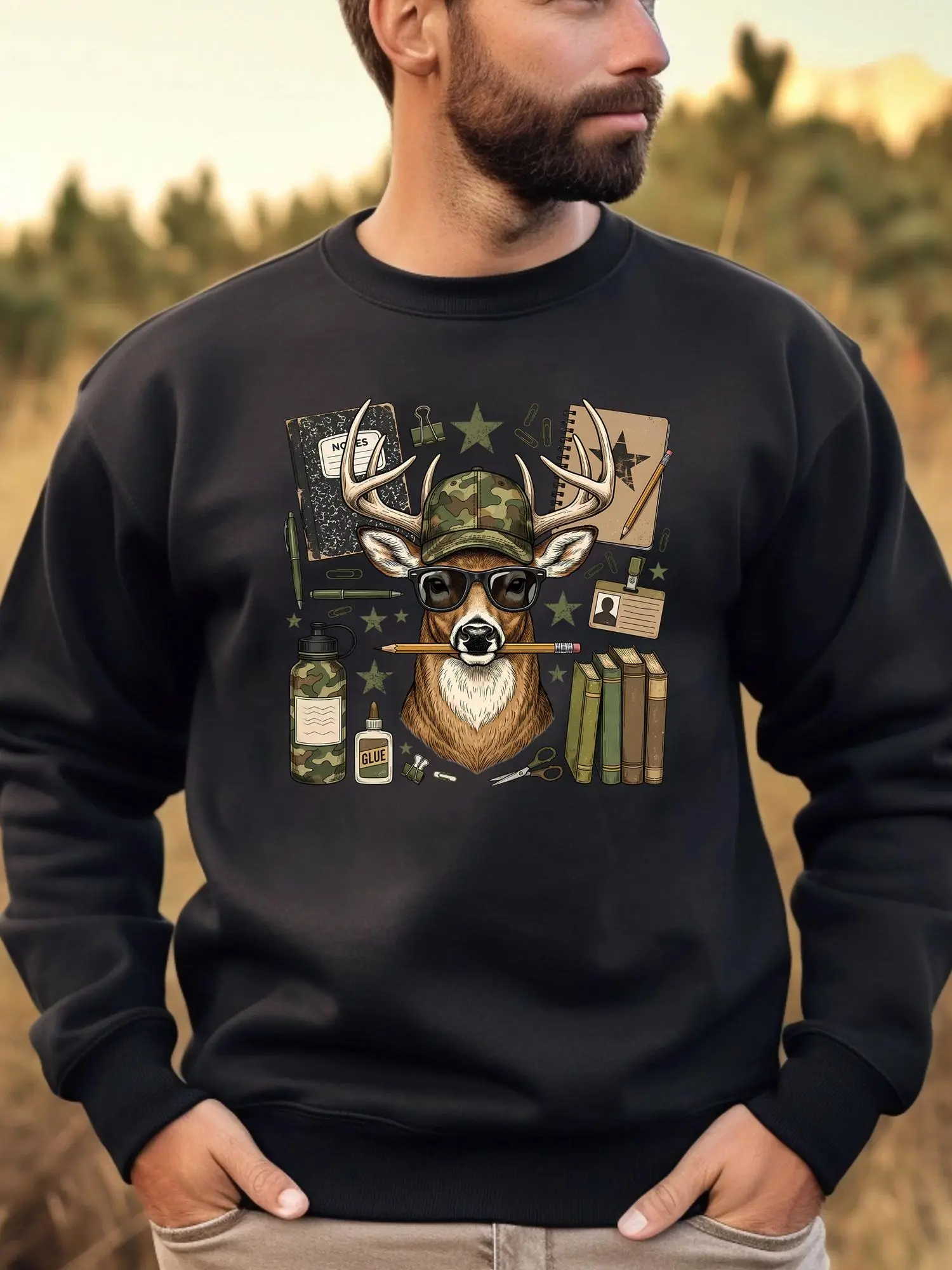 Men's Cotton Blend Graphic Sweatshirt, Vintage Deer Hunting Sweatshirt, Whitetail Buck Hunter Graphic Pullover, Outdoor Hunting Apparel, Hunter Crewneck, Casual Long Sleeve Top