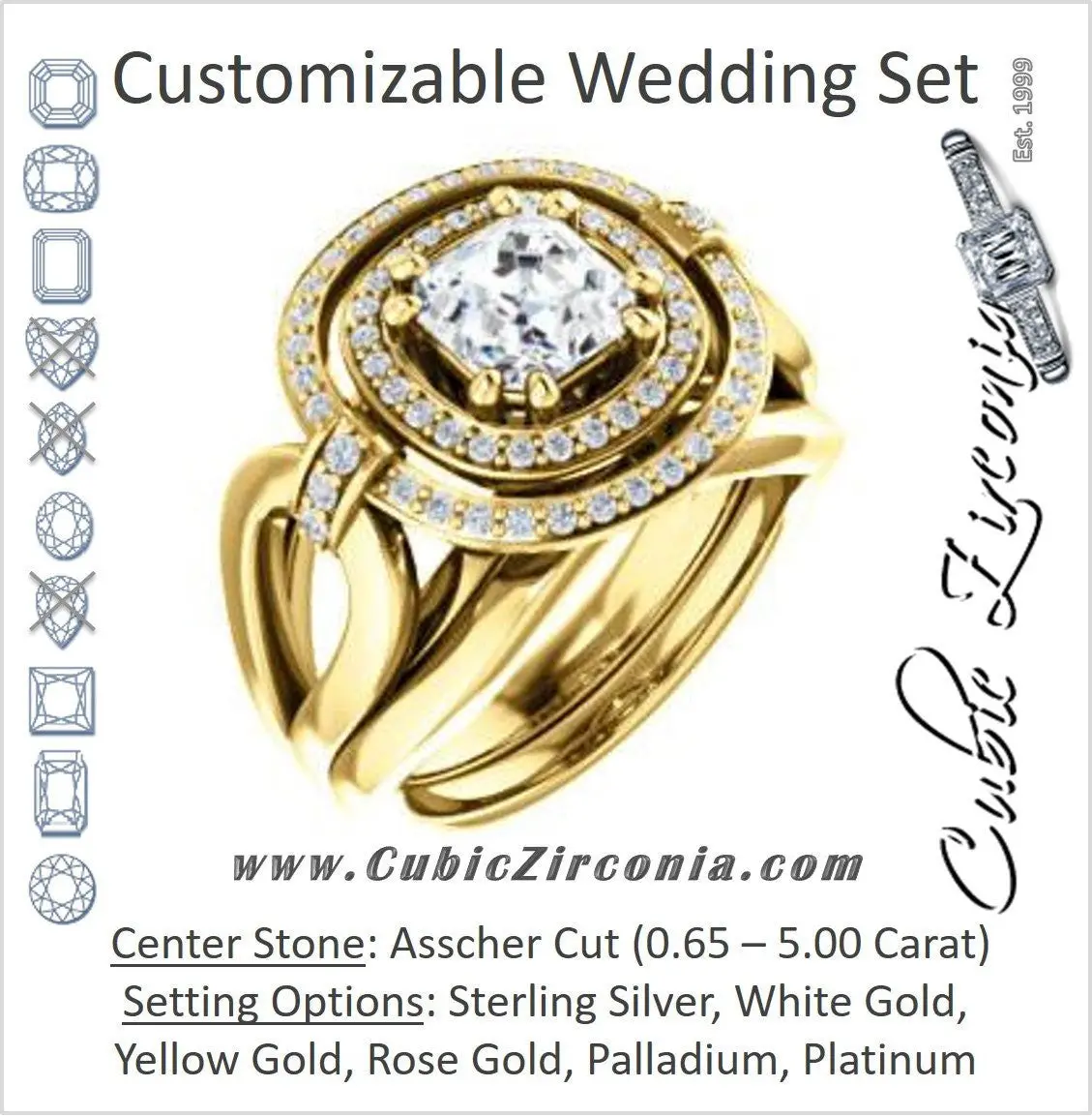 CZ Wedding Set, featuring The Kandie Lue engagement ring (Customizable Cathedral-set Asscher Cut with 2x Halo and Prong Accents)