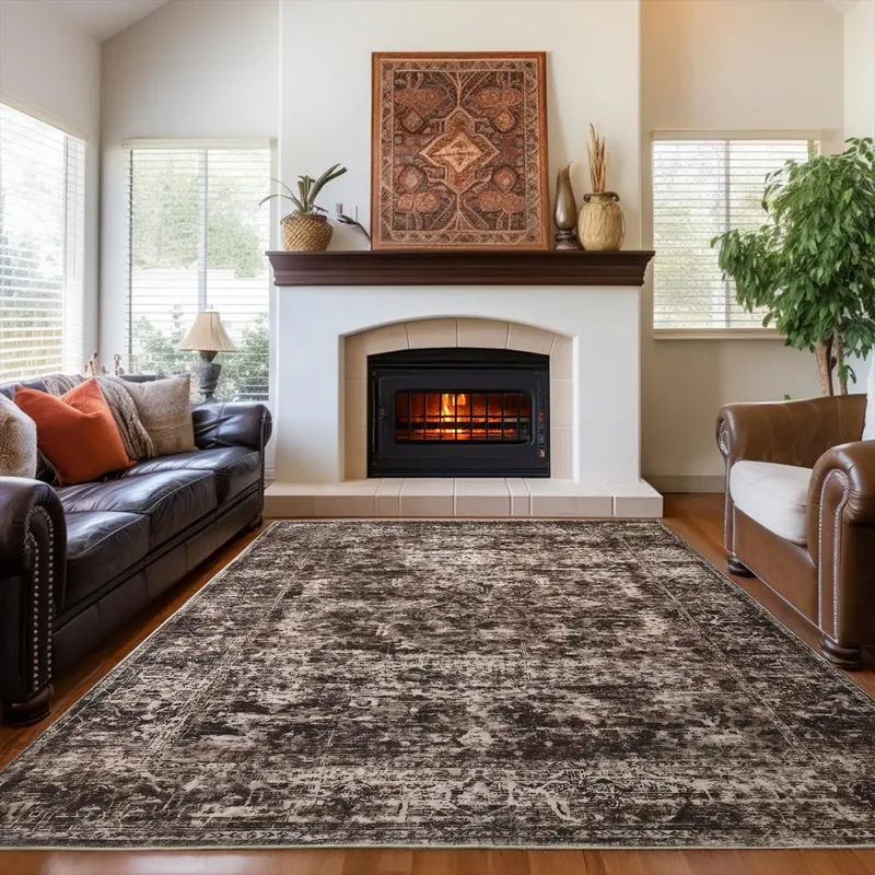 Brown Washable Vintage Faux Wool Throw Bedroom Rug, 0.3 In Low Pile & Non-Slip Indoor Floor Carpet For Home Office, Kids Room, Bedside, 4x6, 5x7, 6x9, 8x10, 9x12 Feet rugs living room