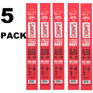 Chomps Original Beef Stick 1.15oz Pack of 5 Grass Fed & Finished Beef All Stick Without Ick Zero Sugar 10g Protein 18% 5 Servings per Container
