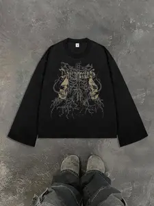 Men's Skull Pattern Print Loose Sweatshirt, Y2K Street Style Long Sleeve Pullover, Casual Geometric Design, Fitted Long Clothing