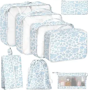 Blue Flower Packing Cubes, 8-Piece Water-Resistant Nylon Luggage Organizer Set for Travel, Includes Shoe, Toiletry, and Laundry Bags, Travel Gear, Luggage Bags Organizers