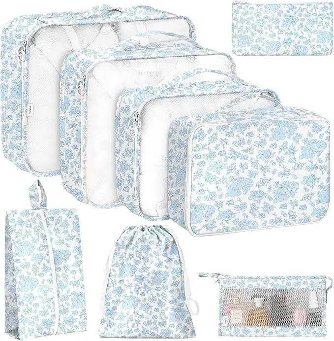 8-Piece Blue Flower Packing Cubes, Water-Resistant Assorted Pouch Travel Organizers in Ultra Light Weight Oxford Fabric for Suitcase Bag Organization, Luggage Makeup Organizers, Backpacking, 3 X Different Size, Travel Pouches, Double Zipper, Space Saver