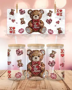 Valentine's Day - Rhinestone - Teddy Bear #1 UVDTF Sticker Wrap For 16 oz Libbey Glass Cup
