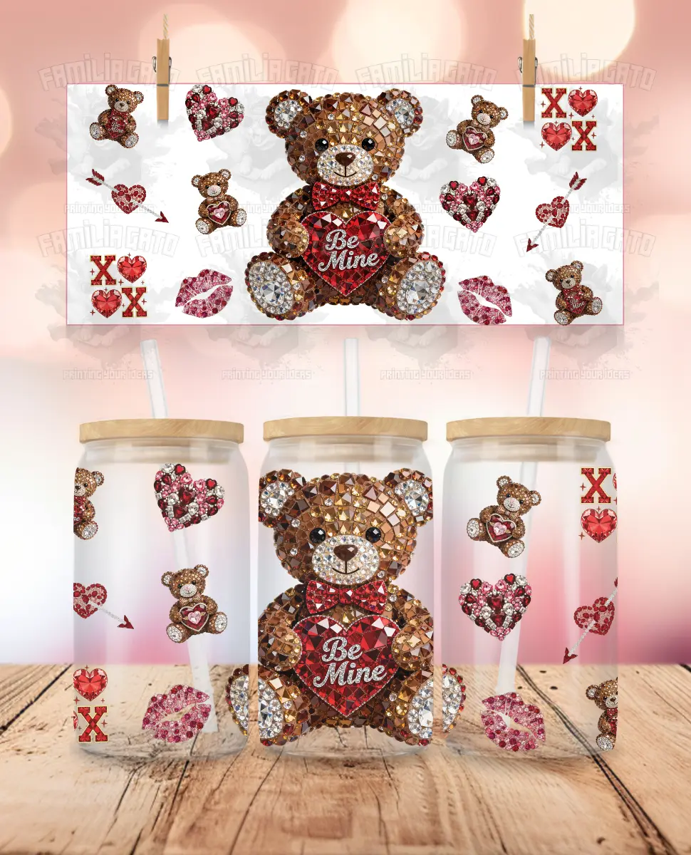 UVDTF Sticker Wrap with Durable Adhesive Stickers - Valentine's Day Rhinestone Teddy Bear #1 for 16 oz Libbey Glass Cup - DIY Scrapbooking & Stamping Supply