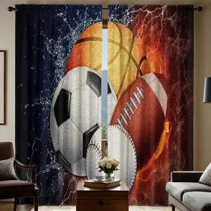 2-piece set of semi transparent curtains with ball print in water and fire, pole bag curtains, suitable for living room, bedroom, and home decoration, hand washable, hook free