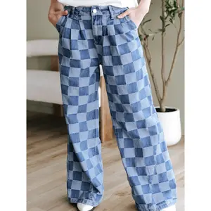 Dear-Lover Women's Checkered Denim Wide Leg Jeans Bottom Pants for Dailywear All Seasons Soft Material Comfortable Fit