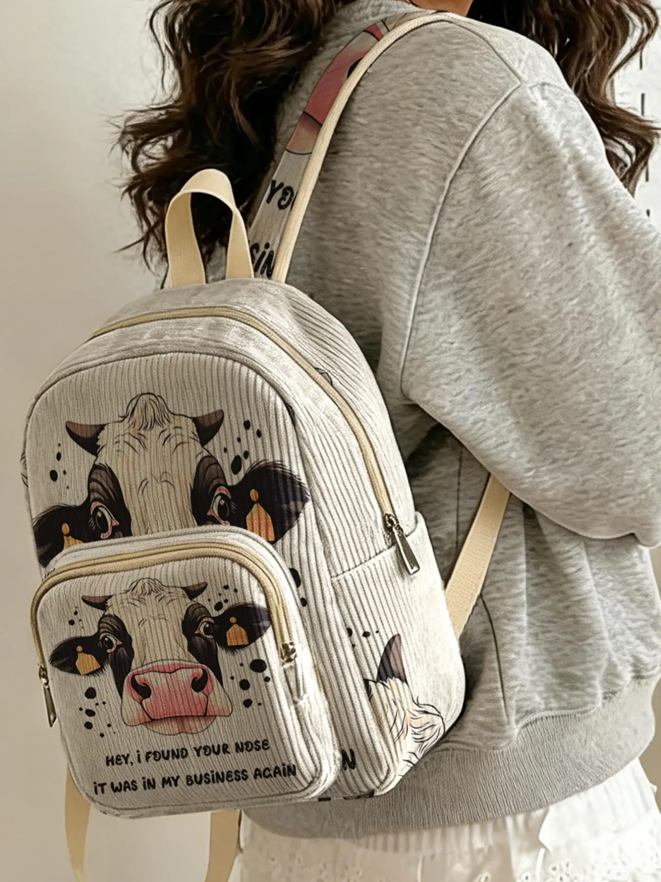 Women's Casual Backpack with Cow Head Print, Velvet Texture and Layered Storage, Ideal for School and Shopping, All Seasons, Casual Printed Backpack