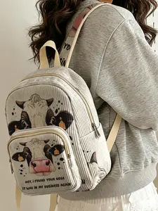 Women's Casual Backpack with Cow Head Print, Velvet Texture and Layered Storage, Ideal for School and Shopping, All Seasons