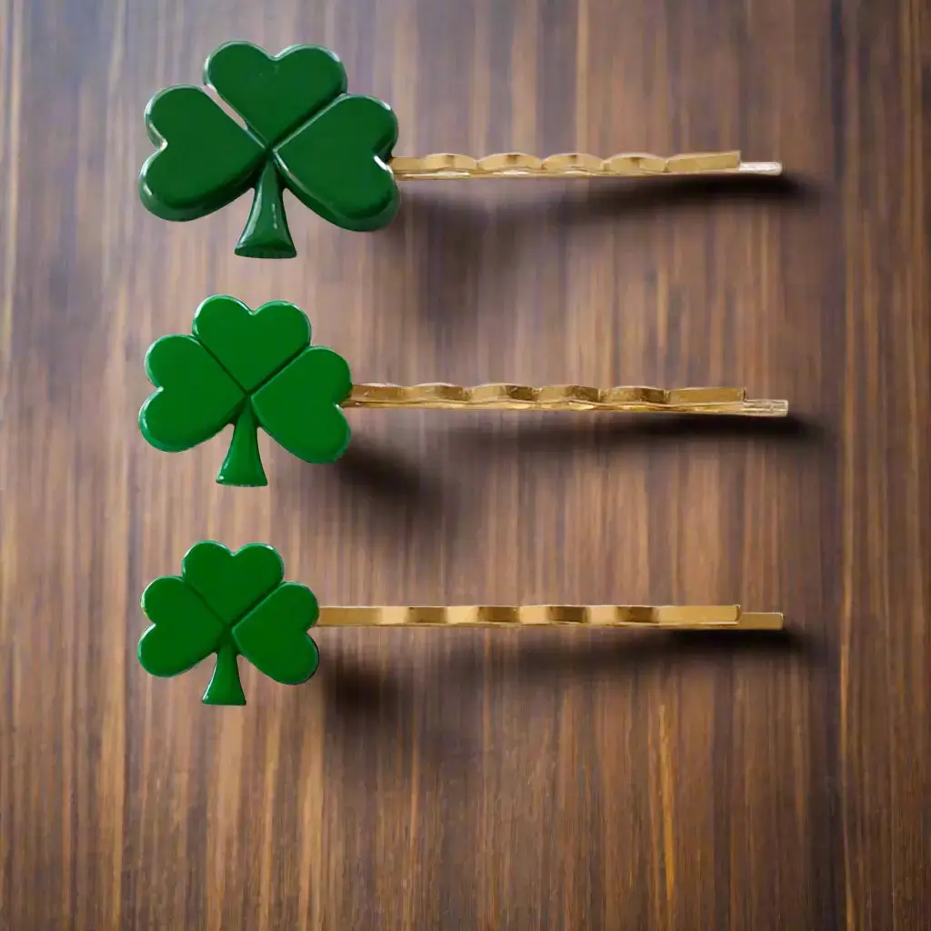 St Patrick’s Day Hair Pins - Clover Green Shamrock Bobby Pin Set of 3