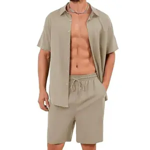 Men's Cotton Linen Sets Outfits 2 Piece Summer Short Sleeve Shirt and Shorts Set Beach Wear Vacation Outfit for Comfortable Summer Activities