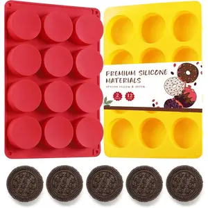 2PCS Silicone Cookie Chocolate Molds, 12-Cavity Round Silicone Baking Mold for Oreo, Candy, Chocolate, Cookie, Mini Cake and Jelly, Dishwasher Safe (Red+ Orange)