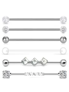 Fashion Artificial Zircon Decorated Earrings (6pcs), Stainless Steel Earring for Women & Girls, Party Fashion Piercing Industrial Bar Earrings for Party, Daily Clothing Decor