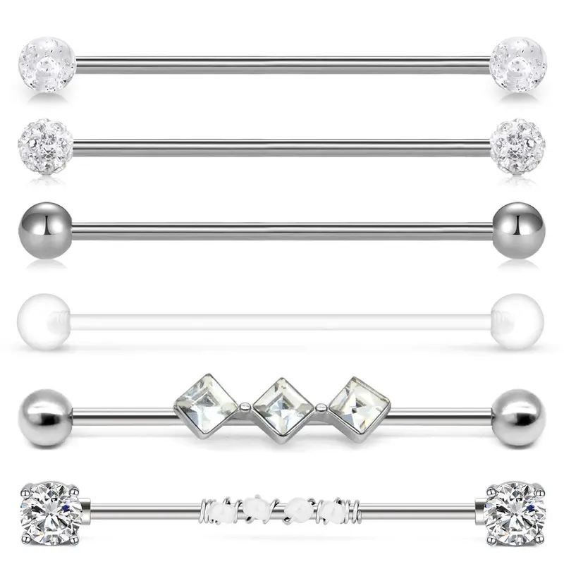 Fashion Artificial Zircon Decorated Earrings (6pcs), Stainless Steel Earring for Women & Girls, Party Fashion Piercing Industrial Bar Earrings for Party, Daily Clothing Decor, Stylish Jewelry, Sparkling Zircon Inlay, Piercings Jewelry, Body Jewelry