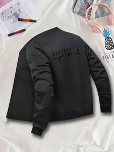 Women's Casual Graphic Jacket, Perfectly Imperfect Pattern, Baseball Collar, Zipper Design, All Seasons Wear, Ladies Fashion Outerwear