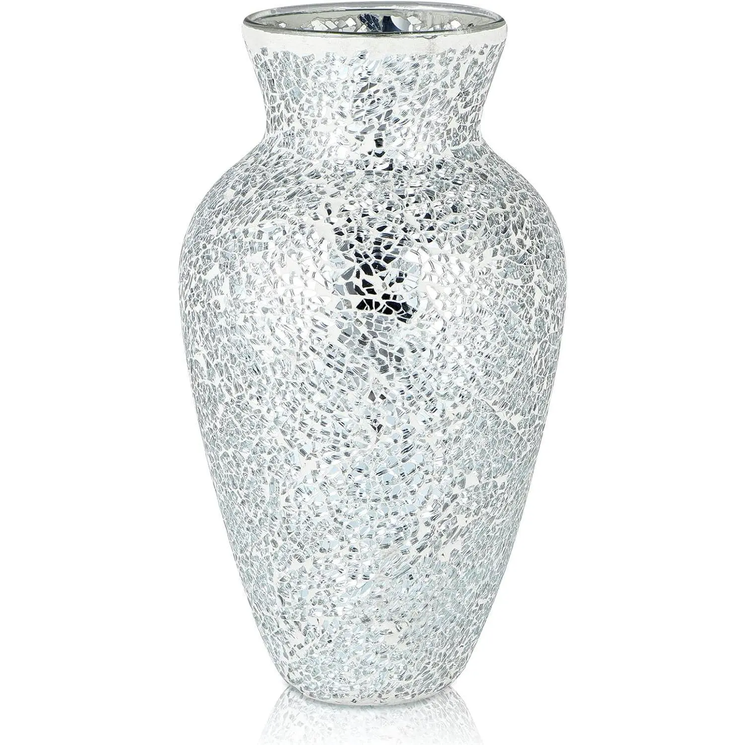 Mosaic Vase 11" Tall, Handcrafted Cracked Glass Vase, Decorative Flower Vase for Home Decor, Wedding, Table Centerpiece, Gift (Silver)